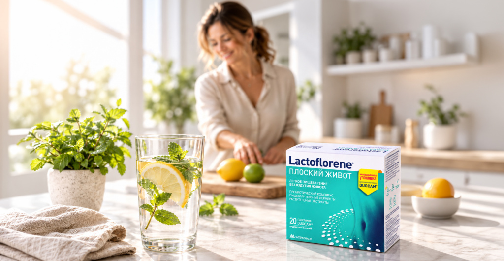 Lactoflorene Плоский Живот на столе рядом с водой и травами