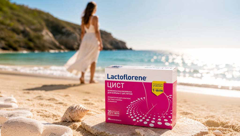 Упаковка Lactoflorene® ЦИСТ на фоне моря