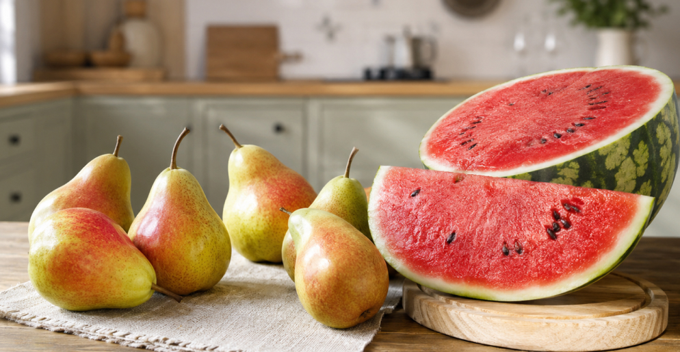 FODMAP-фрукты и вздутие: груши и арбуз Груши и нарезанный арбуз на кухонном столе — фрукты с высоким содержанием FODMAP-углеводов, вызывающие вздутие